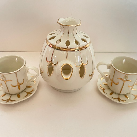 Partylite Tea for Two Votive Candle Teapot Teacup Saucer Set Ivory Gold 6 Pieces - Picture 3 of 14